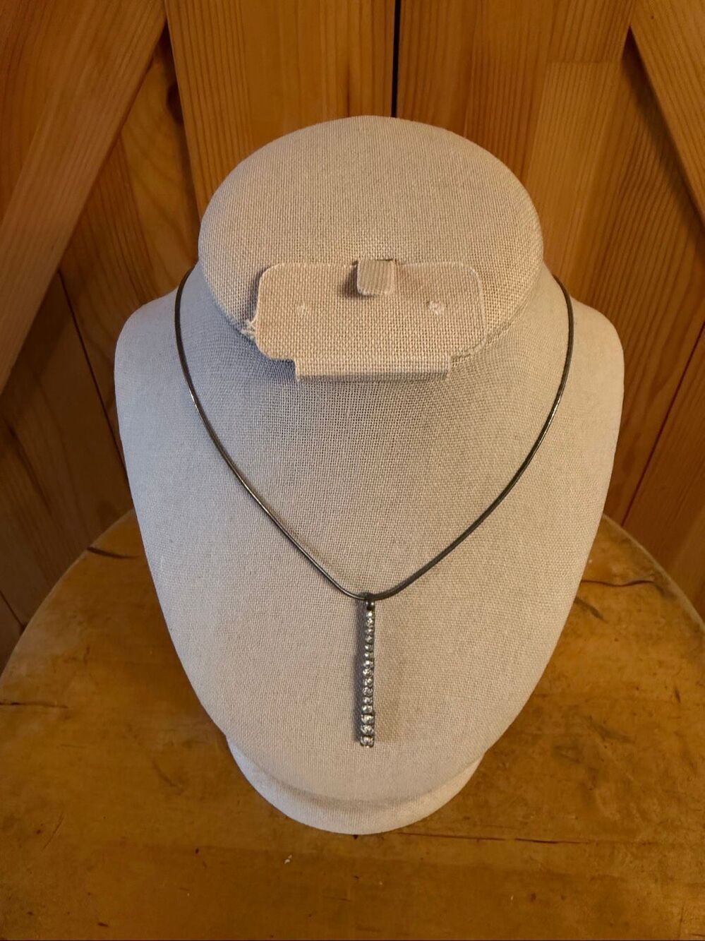 Silver-Tone Snake Chain Necklace with Vertical Crystal Bar Pendant (7379)